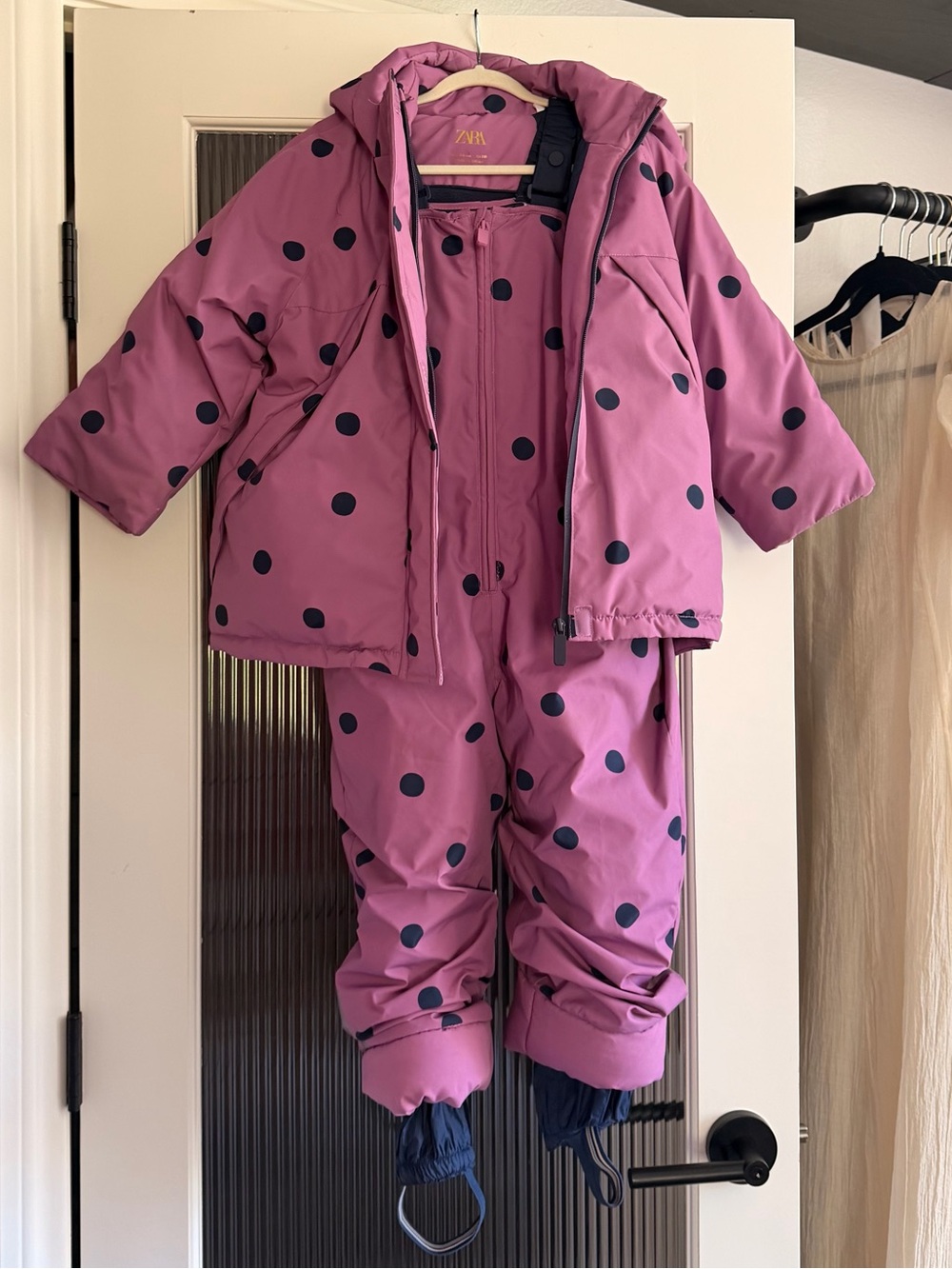 ZARA Kids Ski Snow Jacket and Overalls Set, Purple, Navy Polka Dots